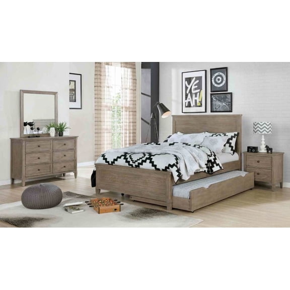 Modern 4pc Set Full Size Bed W Trundle Wood Grain Texture Bedroom Wooden Dresser Mirror Nightstand