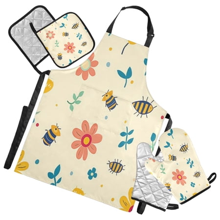 5-Piece Kitchen Apron Set with Heat-Resistant Gloves & Insulation Mats for Cooking Baking BBQ Flowers and Bees