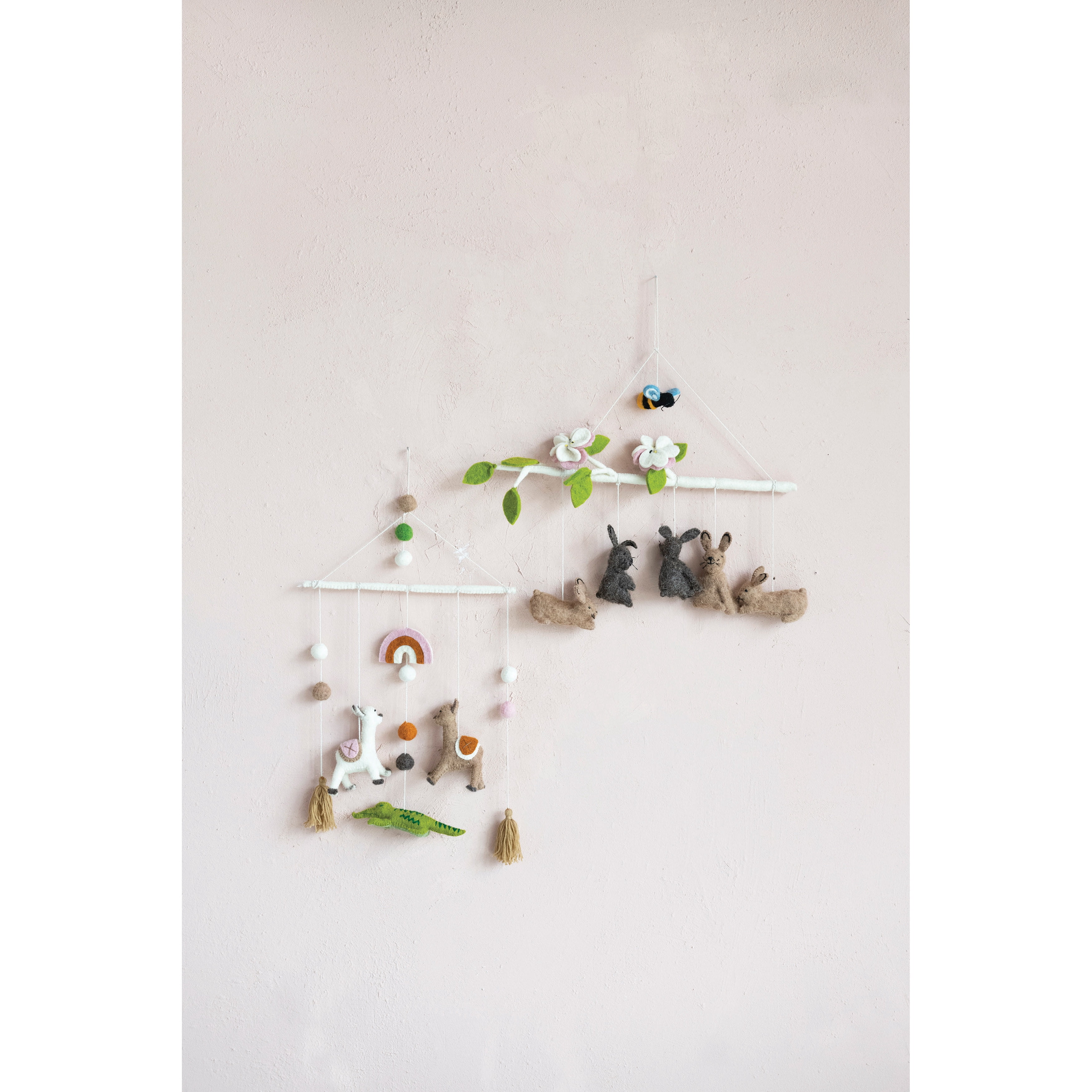 Creative Co-Op Wool Felt Mobile with Llamas, Alligator and Tassels