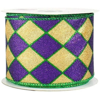 Glitter Striped Mardi Gras Ribbon - 2 1/2 x 10 Yards, Wired Edge,  Sparkling Purple, Green & Gold, Christmas, Wreath, Bows, Easter 