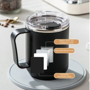 Pkeoh Coffee Mug, Portable Double Layer Stainless Steel Mug With Lid And Handle, Induction Heatable, Insulated Coffee Mug For Travel, Camping, Office