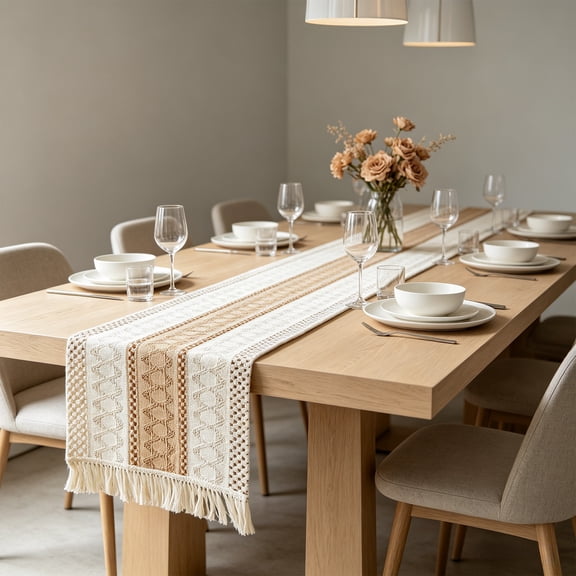 Linen Stripe Table Flag Runner Fringe Rope Patchwork Bohemian Tablecloth for Dining Coffee TV Cabinet Home Decor 11x55in