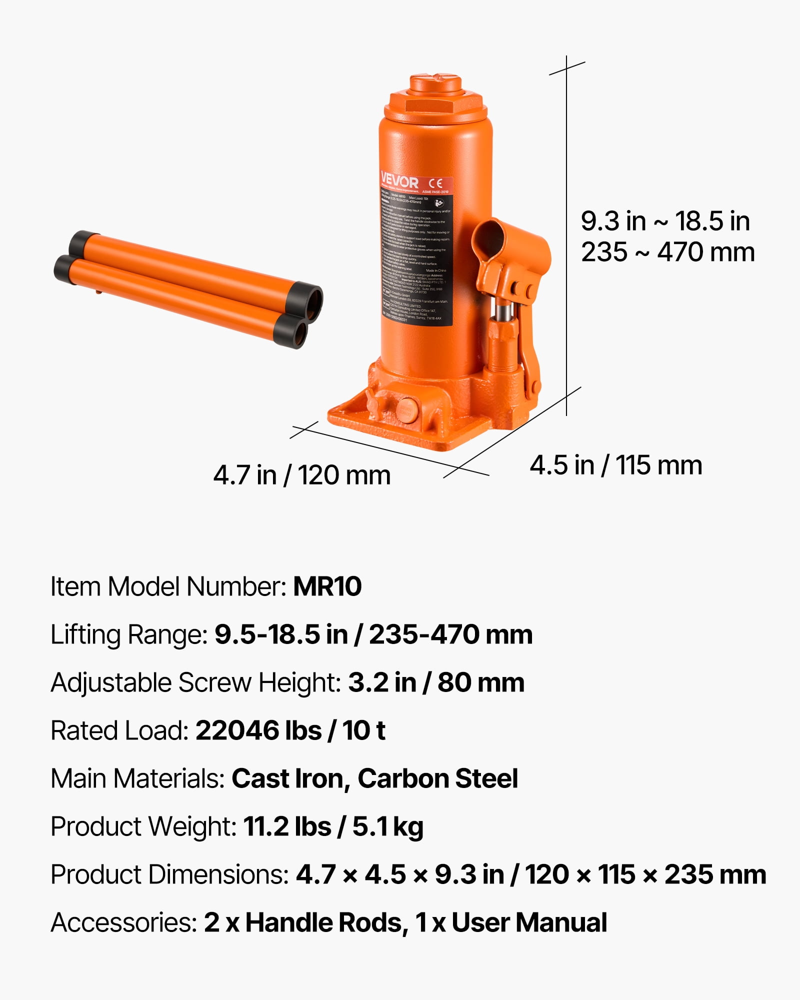 VEVOR Hydraulic Bottle Jack, 10 Ton (22046 lbs) Capacity, 9.3-18.5 Inch Lifting Range, Heavy Duty Welded Bottle Jack