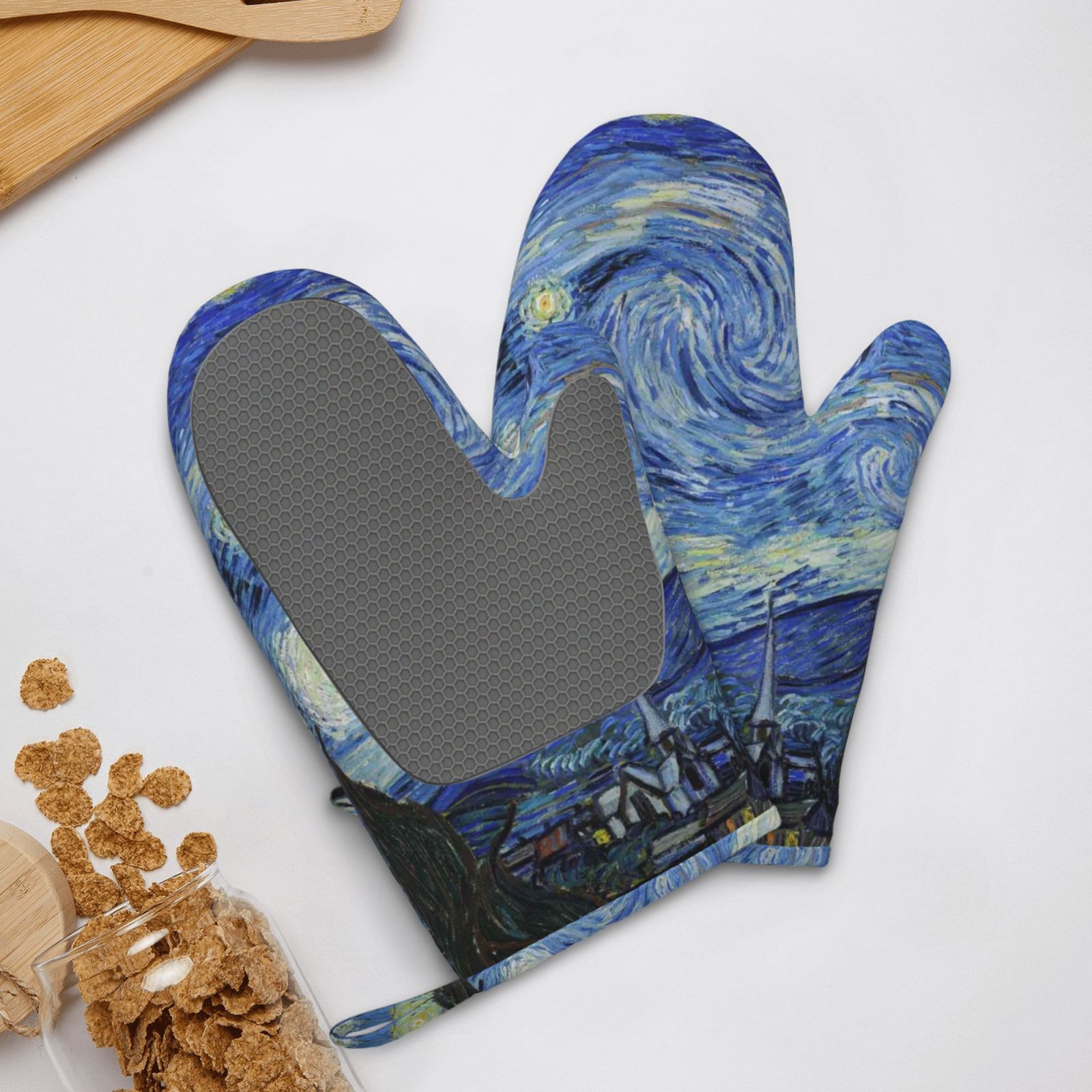 Hirioo The Starry Night for Silicone Oven Mitts for BBQ, Baking, Cooking, Set of 2, Heat Resistant 260℃, Non-Slip Kitchen Essentials