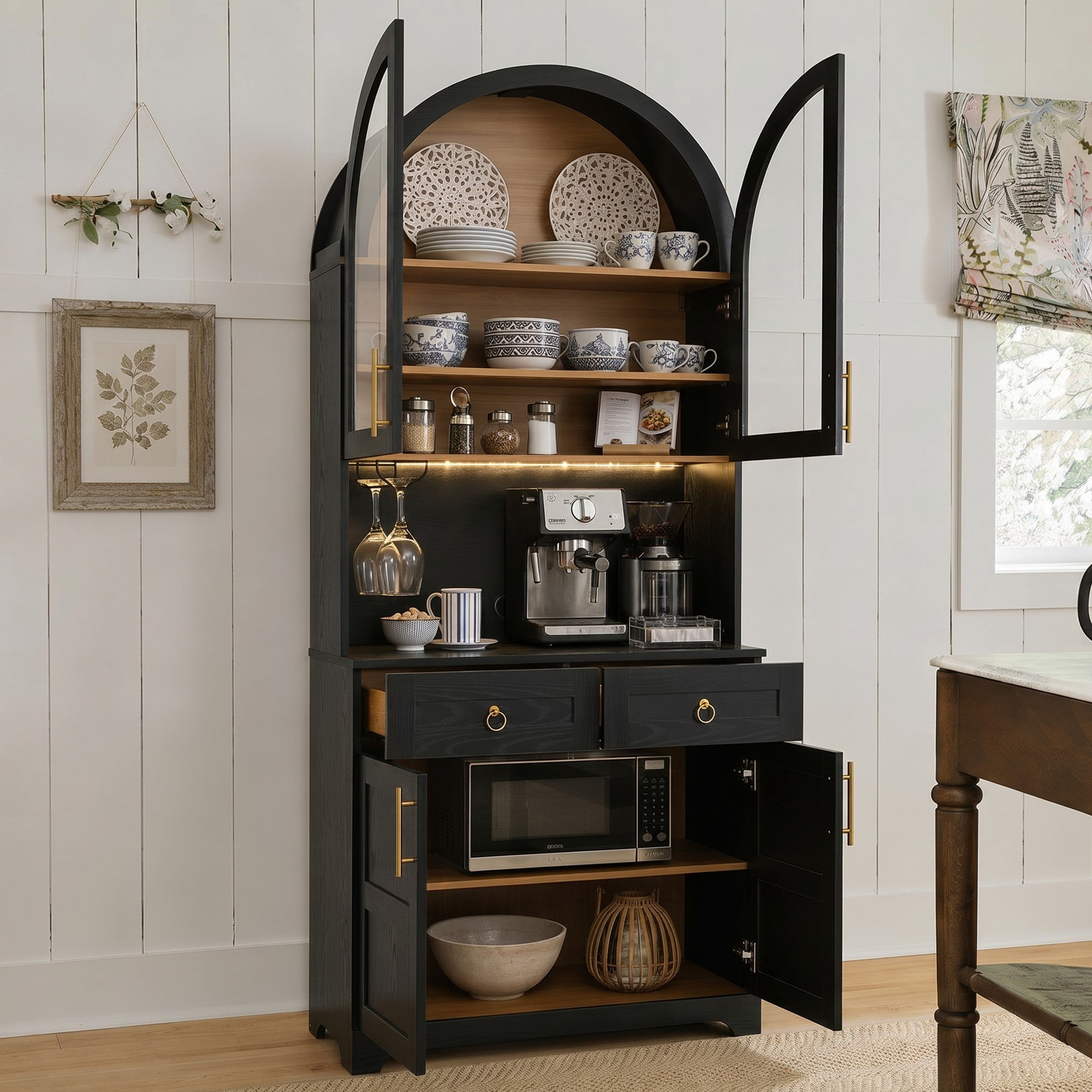 DEALTOPS Freestanding 74.8" Pantry Cabinet with Arched Top, Power Outlets and LED Light, Black