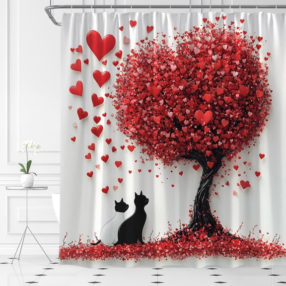 Valentine''s Day Shower Curtain Retro Romantic Love Tree Cute Cat Red Hearts Happy Holiday Fabric Bathroom Decor Set with Hooks(36" WX72 H)