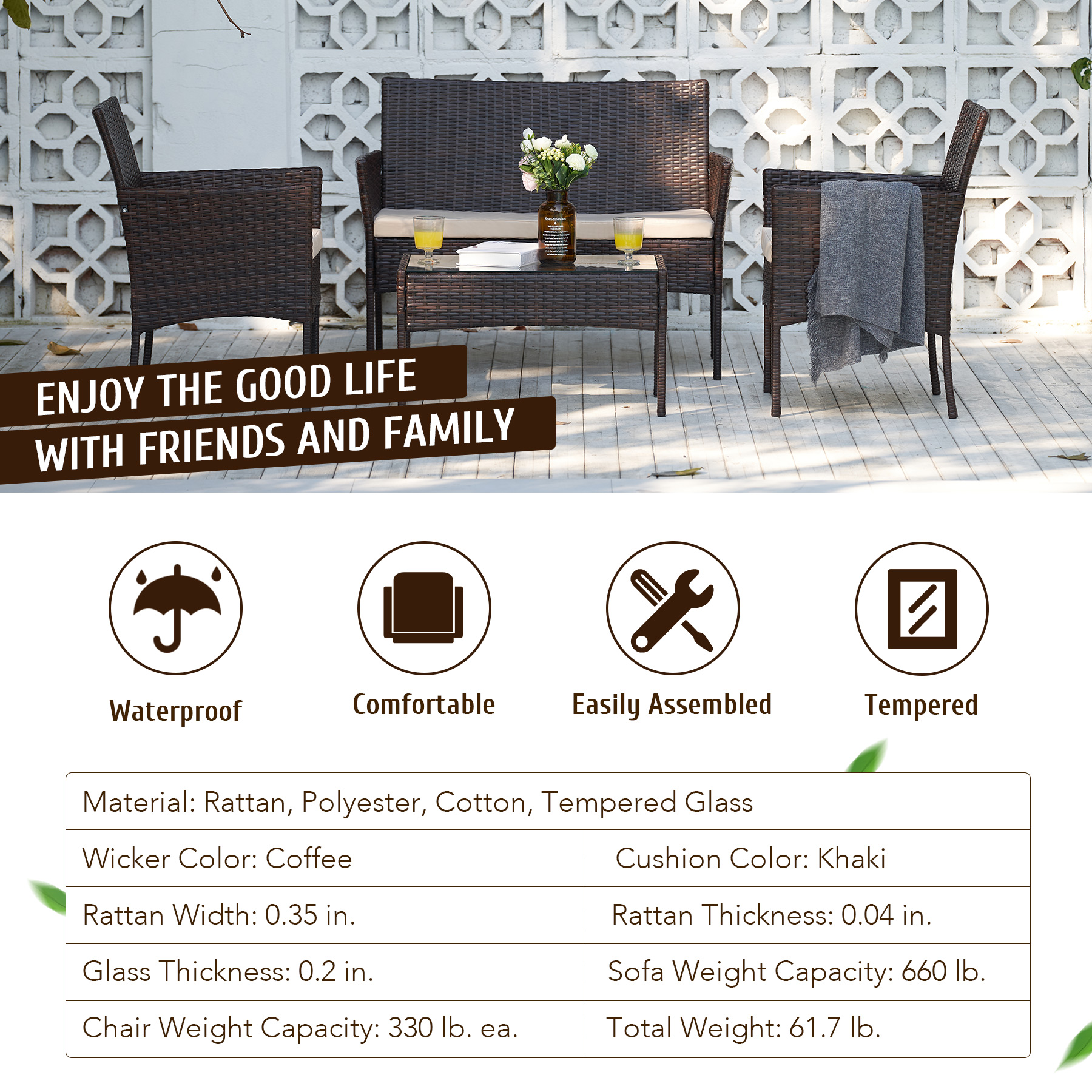 Preenex 4 Pieces Patio Chair Garden Furniture Set for Backyard Lawn Porch Poolside Balcony with Coffee Table, Walnut & Beige