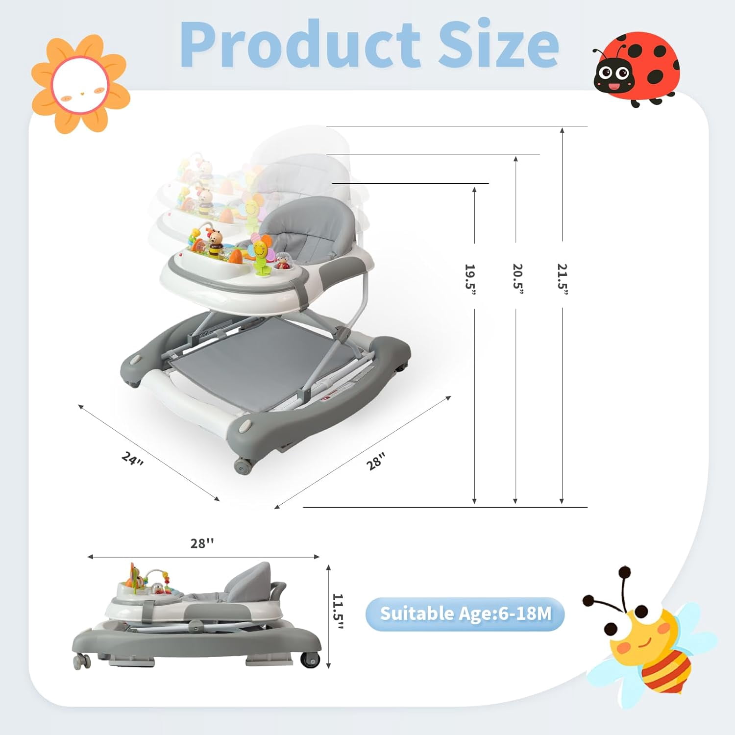 5 in 1 Baby Walker (Walk,Jumper,Rocking,Push,Eating Mode) for Boys Girls,Foldable,Music & Light,Height Adjustable,Wheels for Infant Babies,Grey