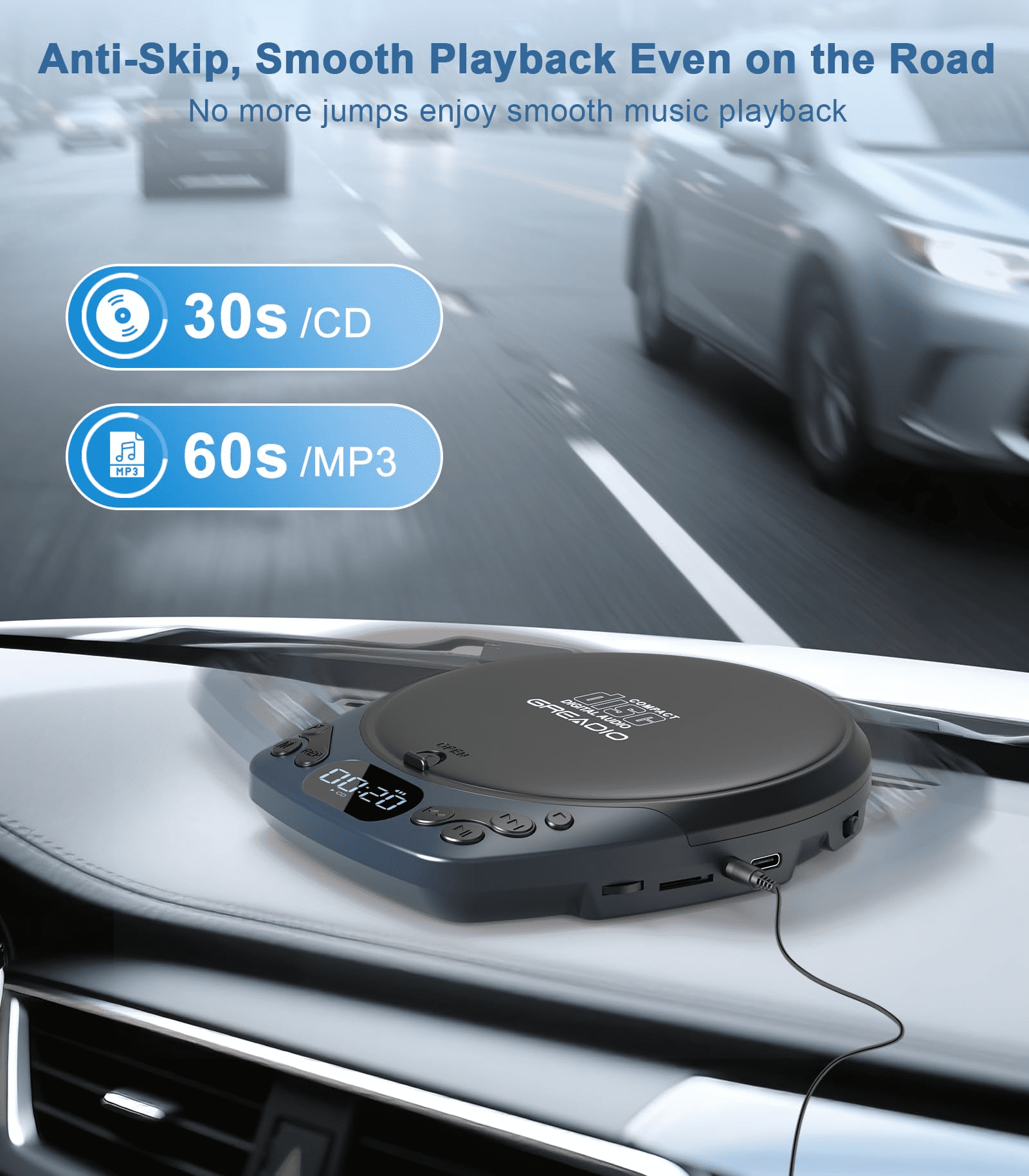 Greadio Portable CD Player with Headphones, Rechargeable Discman CD Player for Car & Home, Supports CD/MP3/WMA/TF Card/AUX, Backlit/Lock/Programmable/Timer