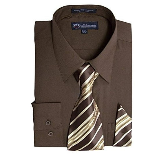 Milano Moda Men's Long Sleeve Dress With Tie And Handkie SG21A-Brown-15-15 1/2-34-35