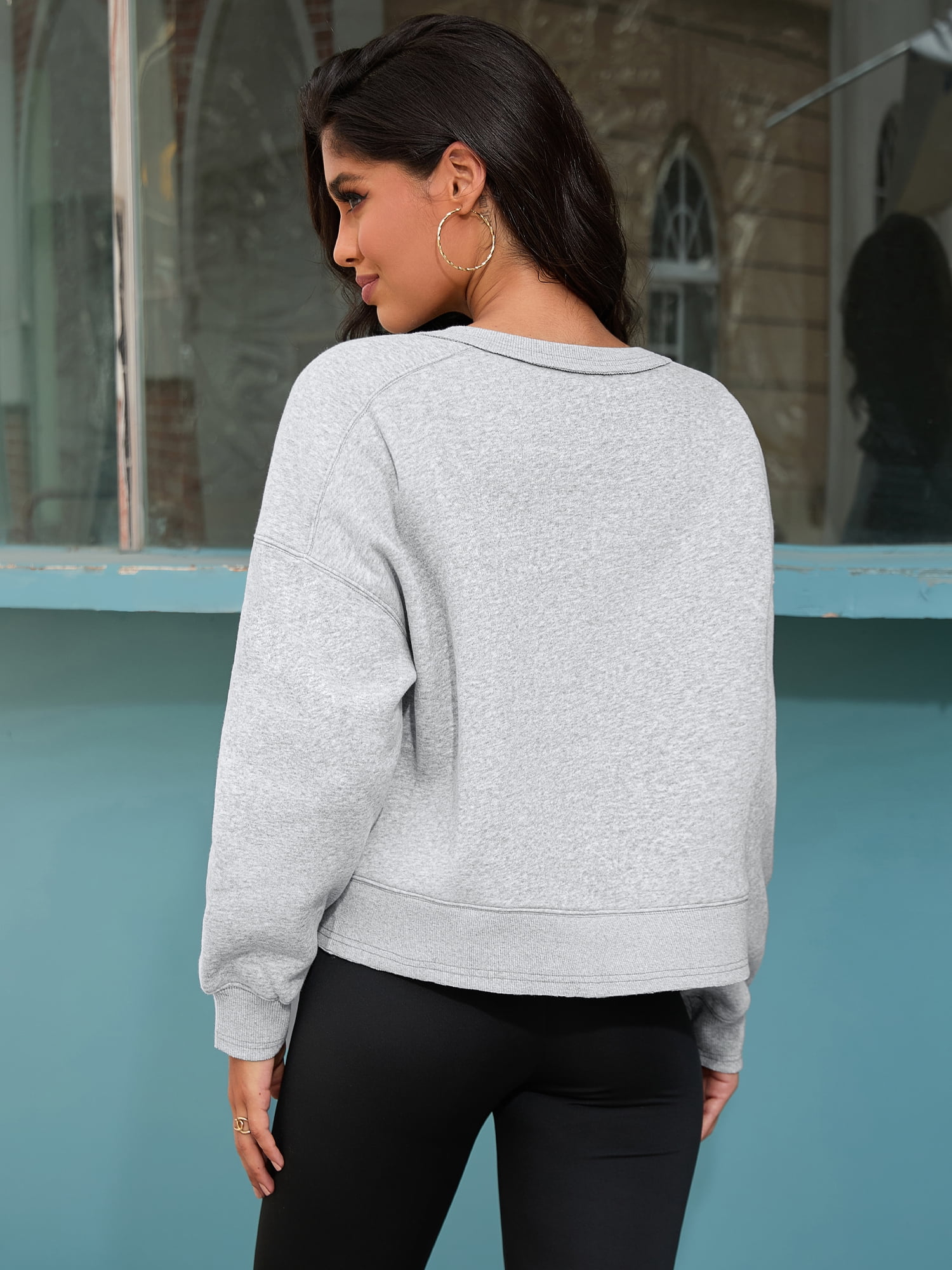 DARING DIVA Women's Crew Neck Fleece Pullover Oversized Cropped Sweatshirt L Light Gray