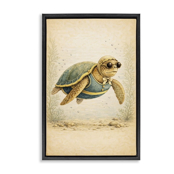 Stupell Industries Eclectic Maritime Bathing Society Turtle Black Floating Frame Canvas Art, 17 x 25, by Grotto Studios