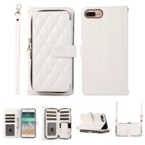 Nalacover for iPhone 7/8/SE 2020/SE 2022 Premium PU Leather Crossbody Case with Shoulder Strap & Wrist Strap,Shockproof Magnetic Flip Kickstand Credit Card Slots Zipper Wallet Phone Case,White
