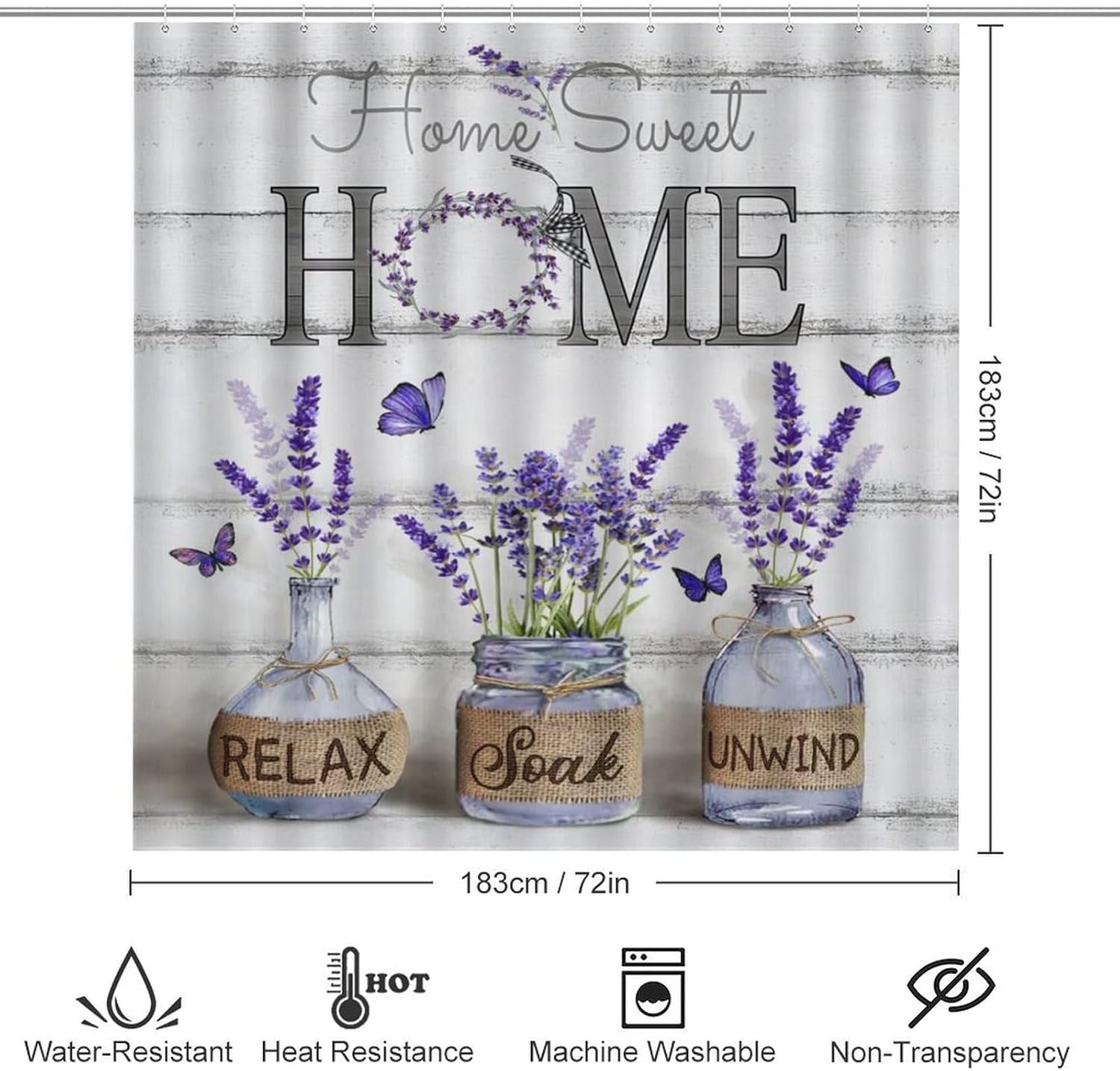 4PCS Shower Curtain Sets with Rugs Farmhouse Shower Curtain Neutral Rustic Country Shower Curtain Sets Purple Lavender Flower Shower Curtain Sets Bathroom Decor with Non-Slip Bath Mat Toilet Rug