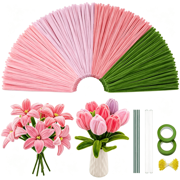 CCOCC 400Pcs Pipe Cleaners Craft Kit | Pink Chenille Stems with Floral Wire,Tape&Glue Sticks | 8Mm Thick Fluffy Diy Flower Making Supplies for Tulips,Lilies,Bouquets,Home Decor&Gifts