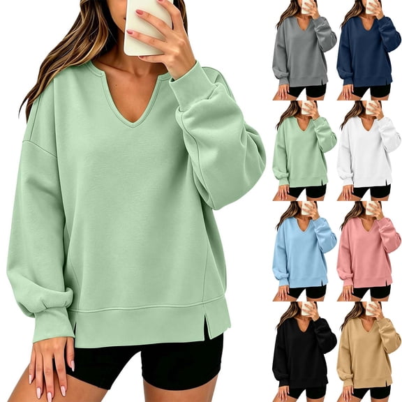 Ihhxva Women's Oversized Sweatshirt V-Neck with Puff Long Sleeves and Side Slit Detail Loose Sleeve Pullover S-2XL