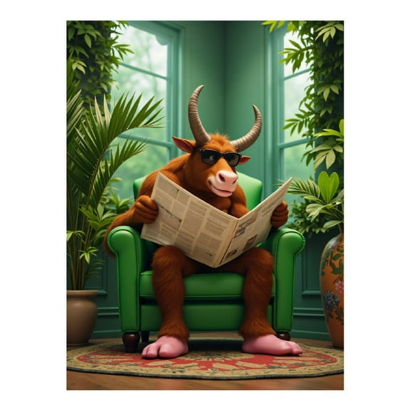 Diamond Art Kits for Adults, Bull Reading Newspaper Indoors 5D Diamond Painting Kits for Adults Beginners, DIY Full Drill Diamond Painting, Gem Art and Crafts 12x16