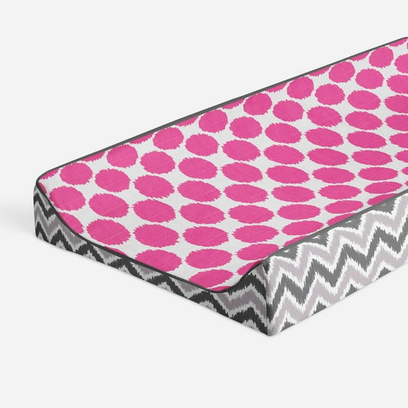Bacati - Ikat Dots Chevron Fuchsia Gray Quilted Muslin Changing Pad Cover