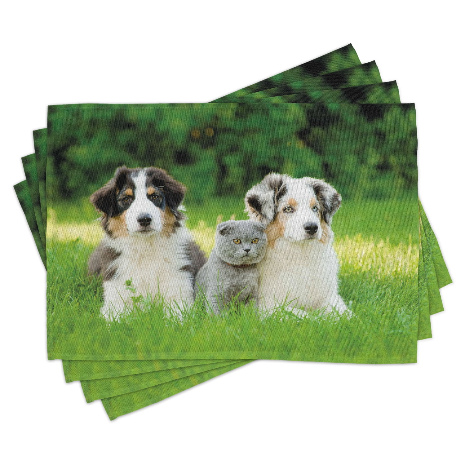 Dog Placemats Set of 4 Cute Pets Puppy Family in the Garden Australian