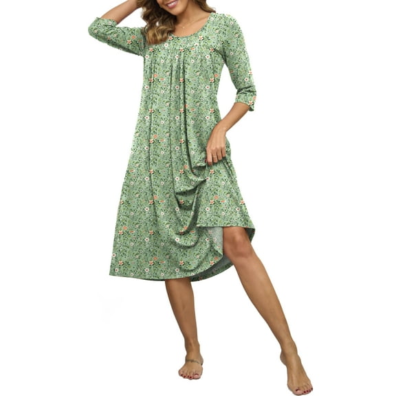 DreamFish Long Nightgowns for Women 3/4 Sleeve Sleepshirts Loungewear Pleated Casual Sleepwear Loose House Dress