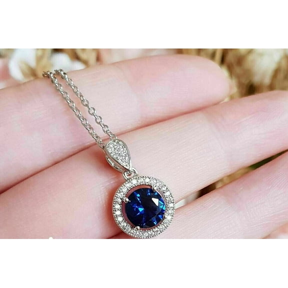 2Ct Round Cut Blue Sapphire & Diamond Pendant 14K White Gold Finish free chain