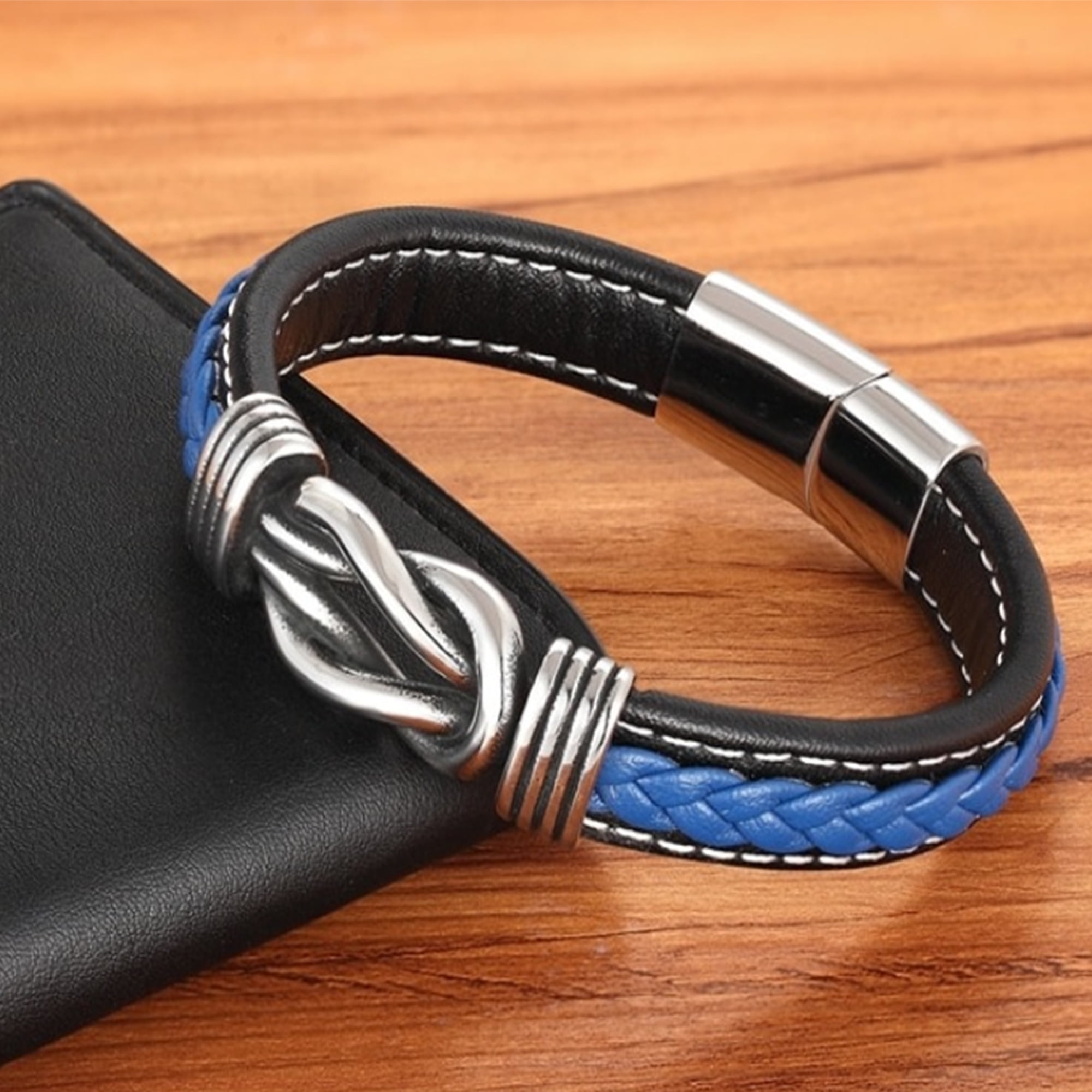 Mens Fashion Leather Bracelet with Stainless Steel Accents, Blue