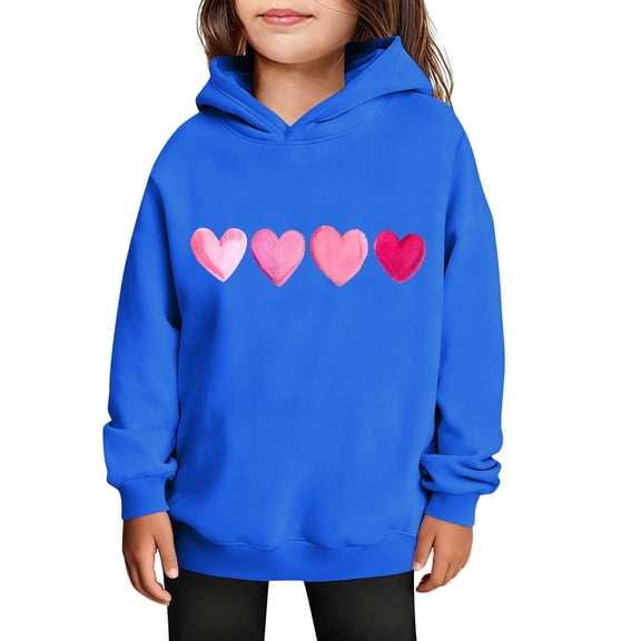 SERTG Girls Valentine's Hooded Sweatshirt Long Sleeve Casual with Heart Print Kids Spring Fall Fleece-Lined Solid Color Everyday Top(Blue,3 Years)
