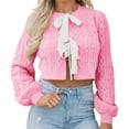 thumbnail image 3 of Women Bow Tie Front Long Sleeevd Ribbed Cable Sweater Knit Crop Cardigan, 3 of 6