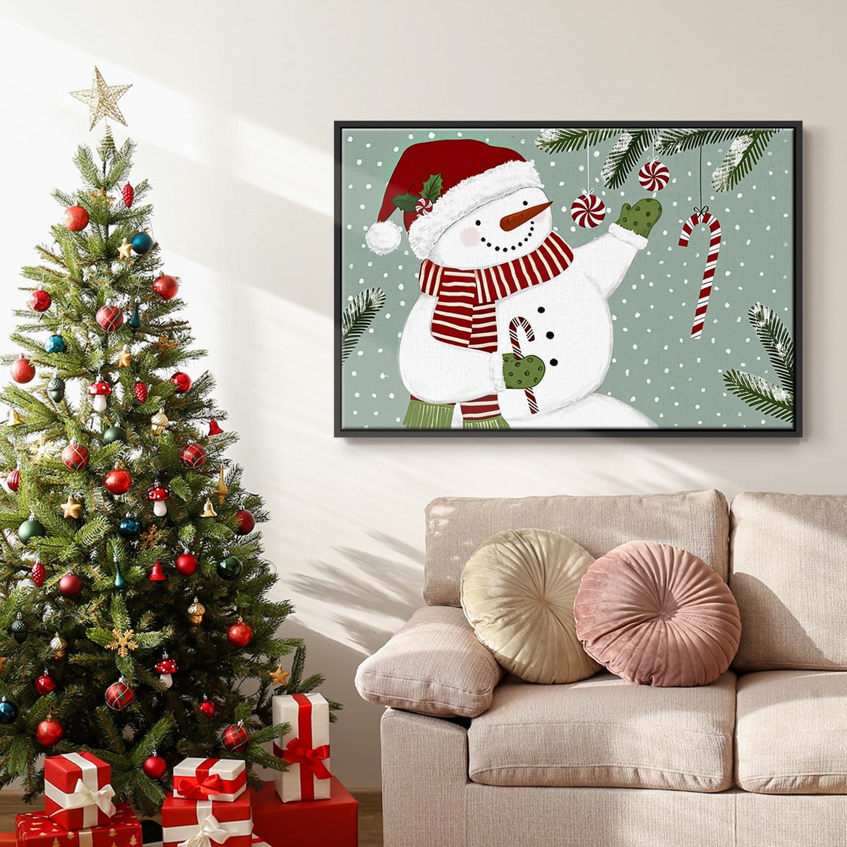 Peppermint Snowman Collection A - Framed Gallery Wrapped Holiday Canvas - 27 x 41 - Black Frame
