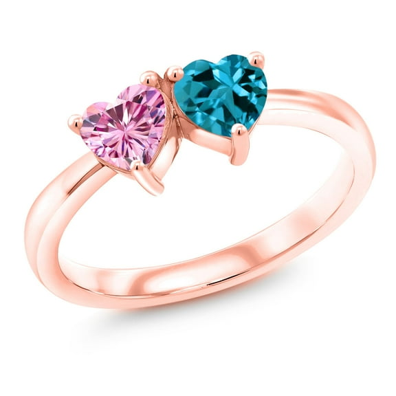 Gem Stone King 18K Rose Gold Plated Silver Ring Heart Shape Pink Moissanite and Topaz London Blue (1.05 Cttw, Size 7)