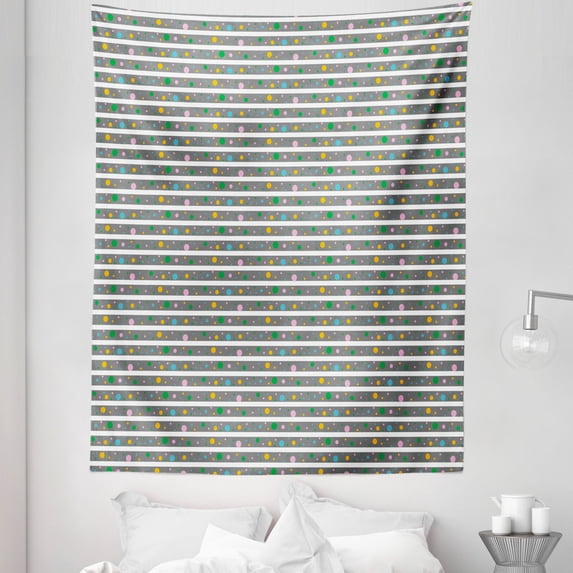 Geometric Tapestry, Horizontal Stripes and Repetitive Colorful Polka Dots Art Illustration, Fabric Wall Hanging Decor for Bedroom Living Room Dorm, 5 Sizes, Dimgray Multicolor, by Ambesonne