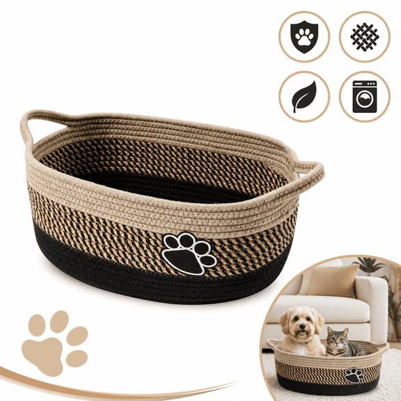 Foldable Cotton Rope Storage Basket with Handle, Woven Dog & Cat Toy Basket Bin, Cute Living Room Dog Decor for Home Organization - Light Beige