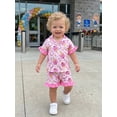 thumbnail image 3 of RUINIXCW Kids Toddler Baby Girls Silk Satin Back to School Pajamas Set Summer PJS Set Sleepwear Bow Pencil Printed Short Sleeve Button Down Shirt and Ruffle Shorts Set Homewear Loungewear 3-9 Years, 3 of 8