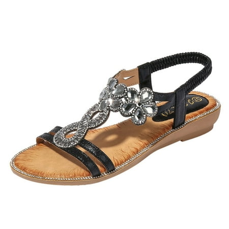 

Alueeu ladies shoes casual Bohemia Summer Women Ladies Bling Flower Crystal Flat Sandals Beach Casual Shoes Black 38