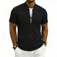 thumbnail image 2 of Mens Zip Up Short Sleeve Shirt Stand Collar Textured Waffle Pattern Summer Breathable Sporty Tops Side Pockets Black L, 2 of 4