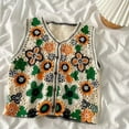 thumbnail image 3 of Sorrowso Women Hollow Crochet Knit Vest Waistcoat Beaded Embroidery Colorful Floral Sleeveless Cardigan Jacket Button Crop Top, 3 of 15