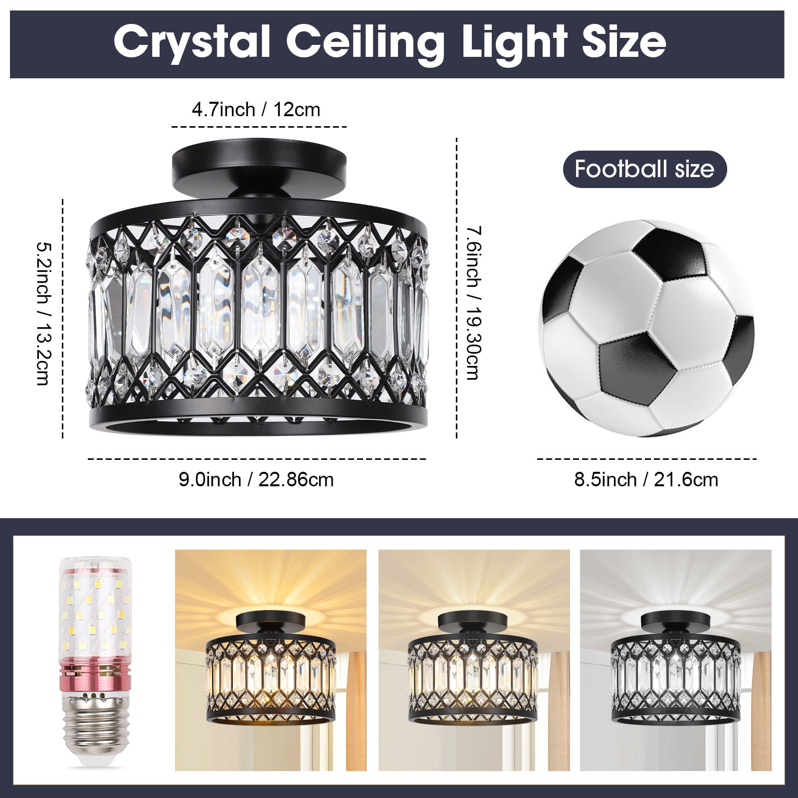 Laybasic Crystal Ceiling Light Fixture, 9" Black Modern Semi Flush Mount Ceiling Light, Mini Chandelier for Kitchen Bedroom Bathroom Entryway Hallway (Bulb not Included)