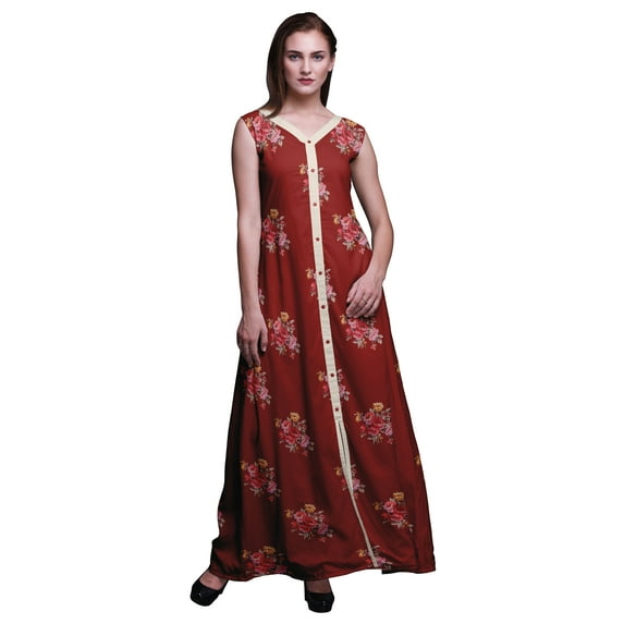 Bimba Floral Women V Neck Sleeveless Front Slit Casual Maxi Printed Boho Dress-Medium