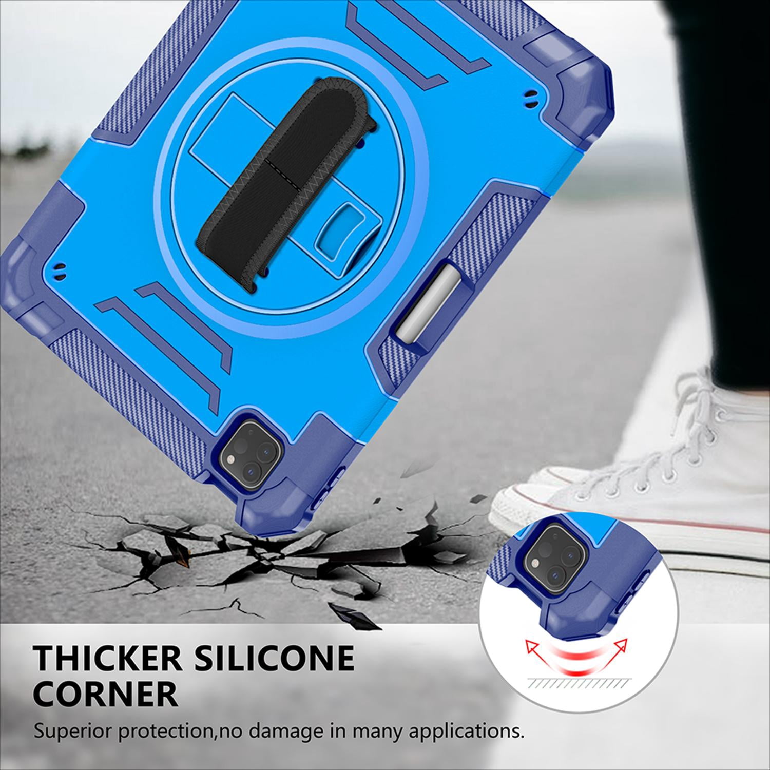 Shockproof Case for Apple iPad Pro 11 Inch 2024 M4, with Pencil Holder Military Grade Protection Rotating Stand Hand Strap Shoulder Strap Bumper Rugged Case for iPad Pro 11" 2024, Blue