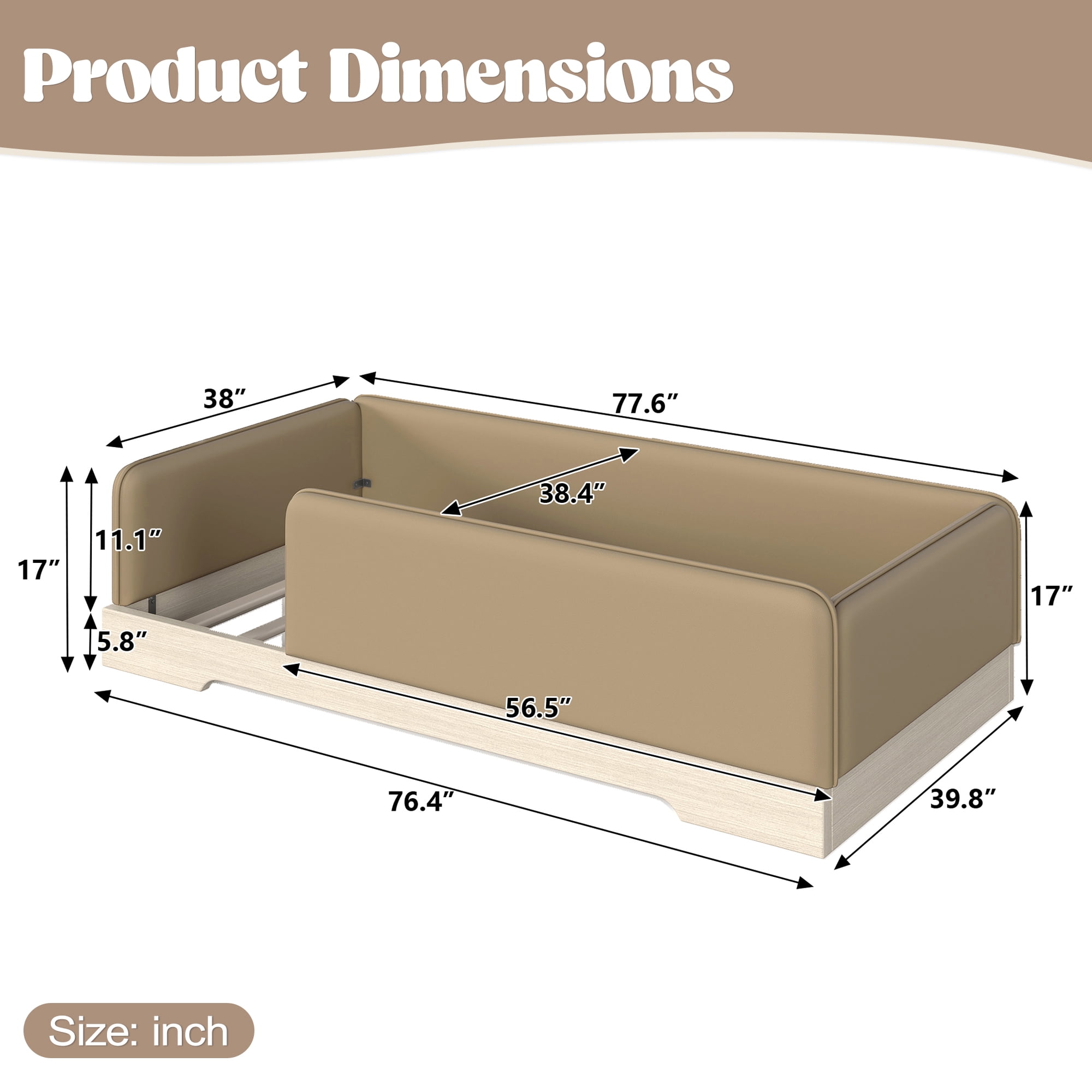 Twin Upholstered Floor Bed 76.38 Inch, Faux Leather Montessori Bed with Removable Guardrails, Low Profile Platform Bed for Kids, Brown