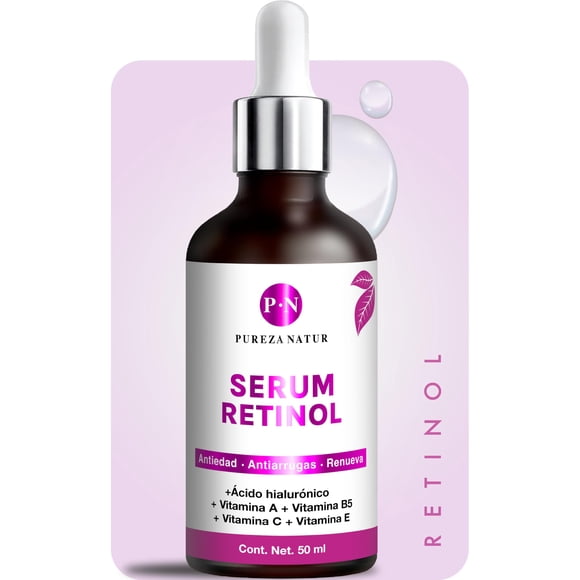 PUREZA NATUR Serum Retinol + Vitaminas A, B5, E, C + Acido hialuronico facial hidratante y reparador | Suero Reductor de l&iacute;neas de expresi&oacute;n e imperfecciones en la piel 50ml