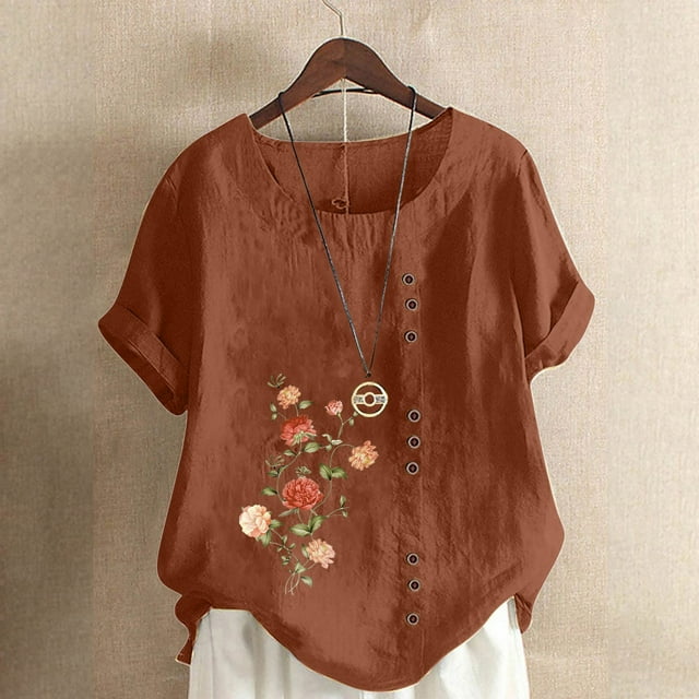 ICHUANYI Clearance Women's Summer Oversize Casual Round-Neck Short Sleeve Flower Printing Loose Shirt Tops(Coffee, S) ICHUANYI WER2023081001377