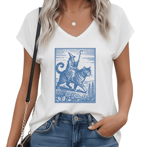 UNISHE Fantasy Witchy Cat Wizard Graphic Tees V-neck Print Tshirt Shirts Purple S-5XL Tops