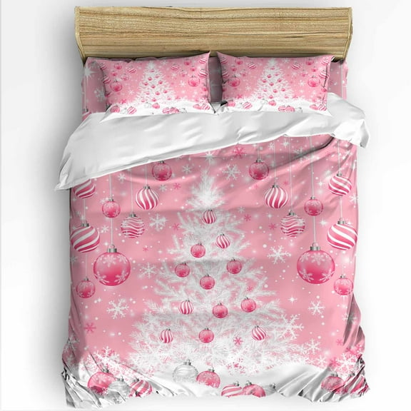 Pink Christmas Balls Queen Size Comforter Set, Xmas Tree Snowflake Soft Bedding for All Seasons, 4 Pcs Bed Set with 1Comforter (90"x92") ,1 Sheet(94"x116"), 2 Pillowcases (19"x29")