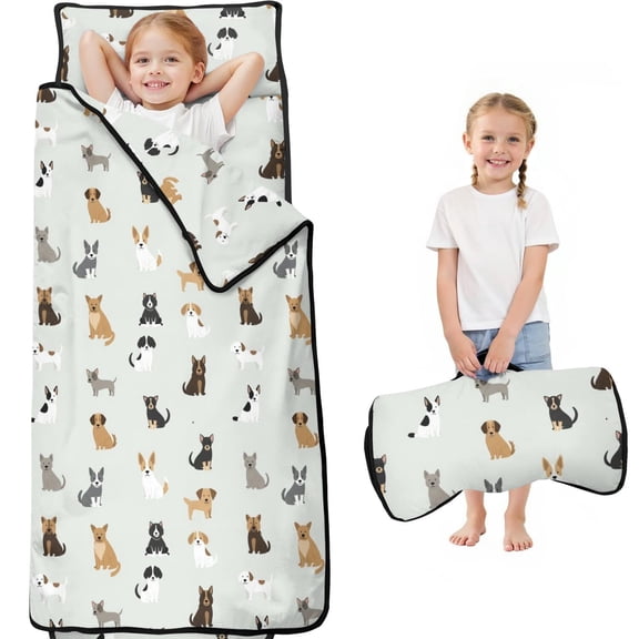 Mixed Breed Dog Beige Pattern Teens Toddler Nap Mat with Pillow, Sleeping Mat Bag for Preschool Daycare 59"x22"