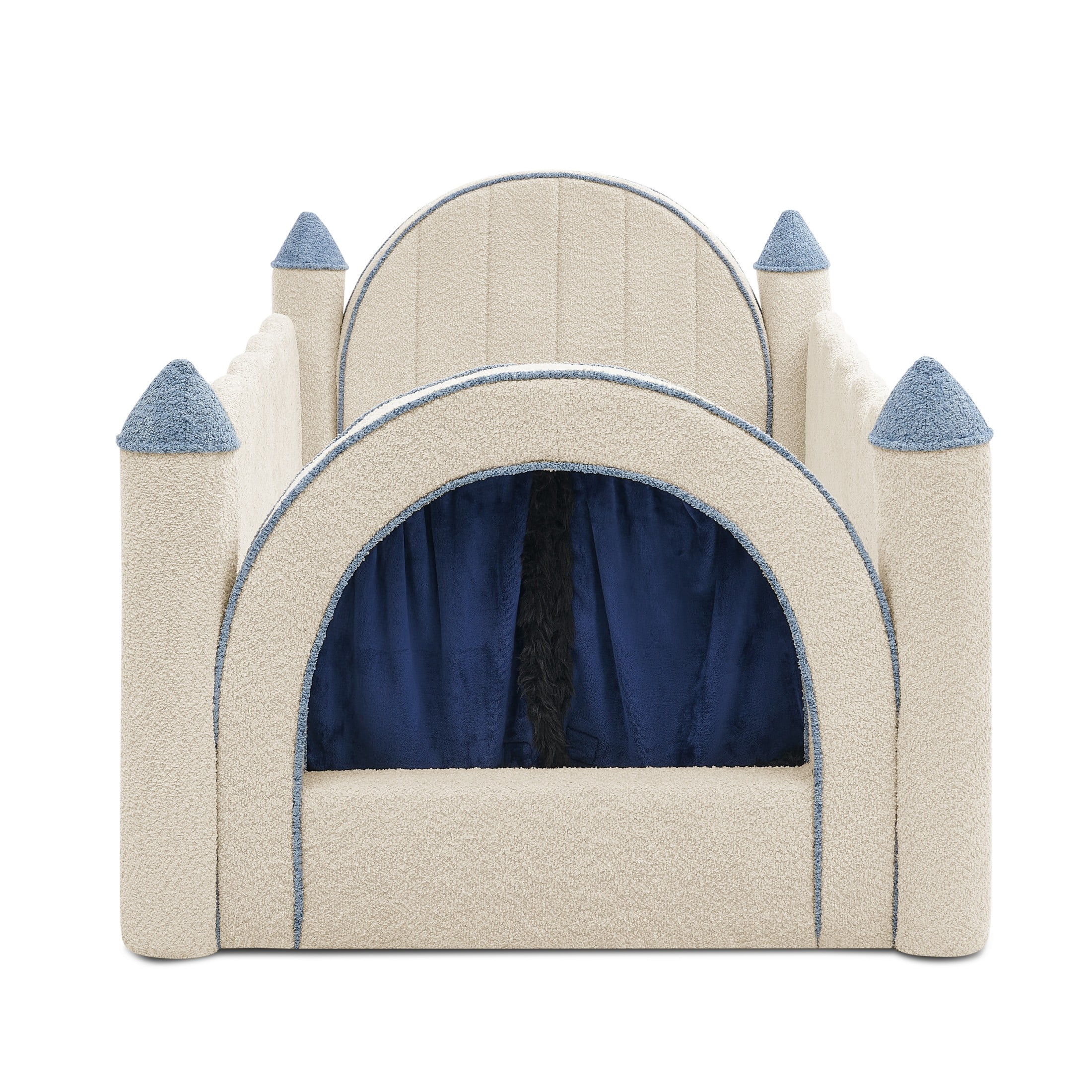 GDF Studio Solley Twin Size Castle Bed with Safety Guardrails, Curtain & Wood Frame, Boucle Upholstered Bed, Camel