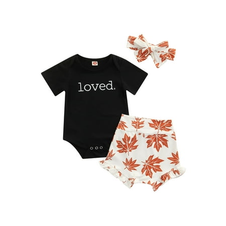 

Nokpsedcb Infant Baby Girl Streetwear 2PCS Suit Short Sleeve Round Neck Letters Print Romper Tops Shorts Headband Maple Leaves 12-18 Months