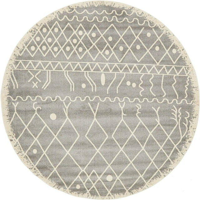 Unique Loom Fez Tribal Moroccan Area Rug 8' x 8' Round in Gray/Beige
