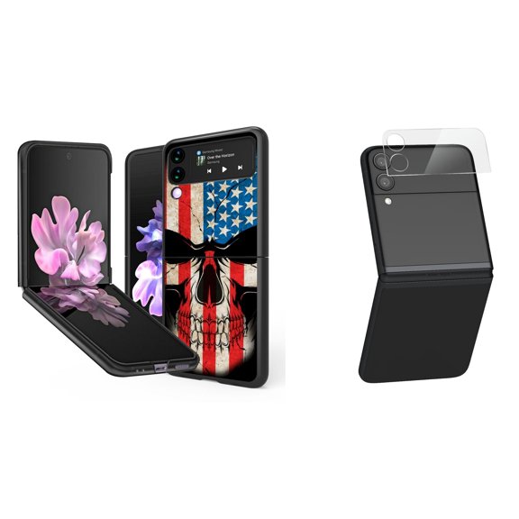 Bemz Premium Bundle for Samsung Galaxy Z Flip 3 5G: Slim Snap-On Protector Case (American Flag Skull), Rear Camera Glass Protector