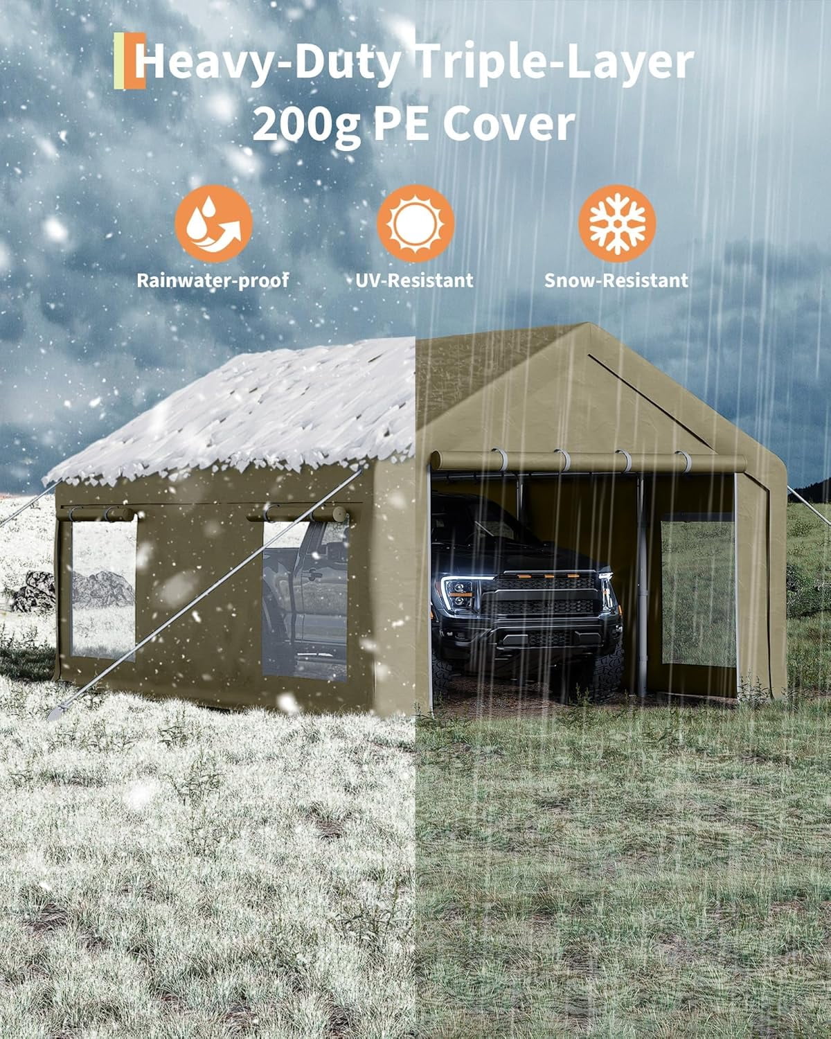 Trilenars 10X20 Ft Carport Canopy,Portable Garage with 4 Roll-Up Windows & Doors,Heavy-Duty 200g PE Tarp,Waterproof UV Resistant Anti-Snow Shelter for Truck,Motorcycle,Khaki